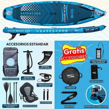 Aqua Spirit Barracuda Sup Tabla de Paddle Hinchable 2025, 320x81x15cm, Kit de Conversión Completo a Kayak con Remo Adjustable, Mochila, Bomba y Más Accesorios, Garantía de 3 Años